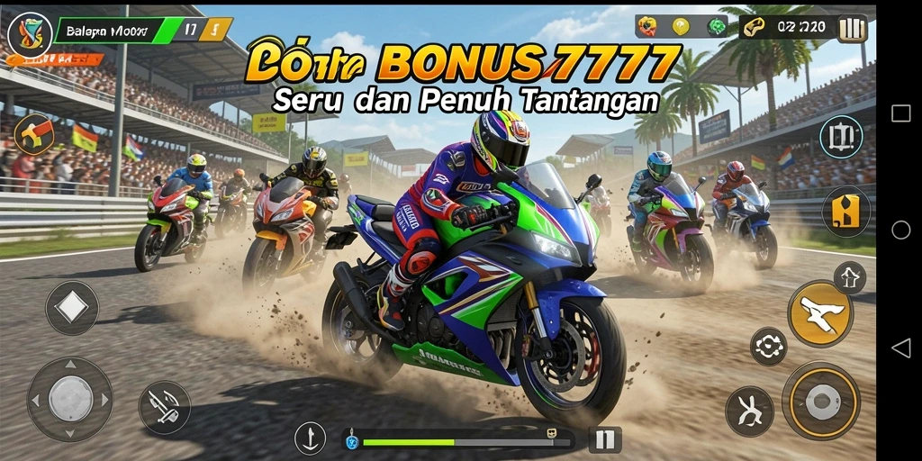 Tampilan gameplay mendebarkan dalam BONUS777 saat balapan motor di trek.
