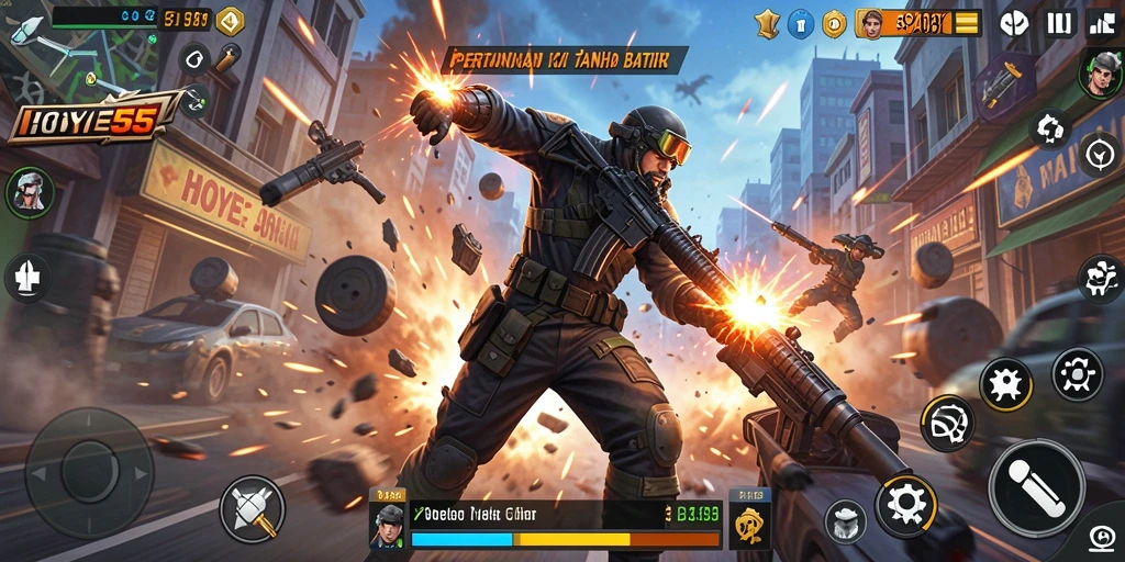 Screenshot utama HOYE55 menampilkan aksi heroik dalam pertempuran seru.