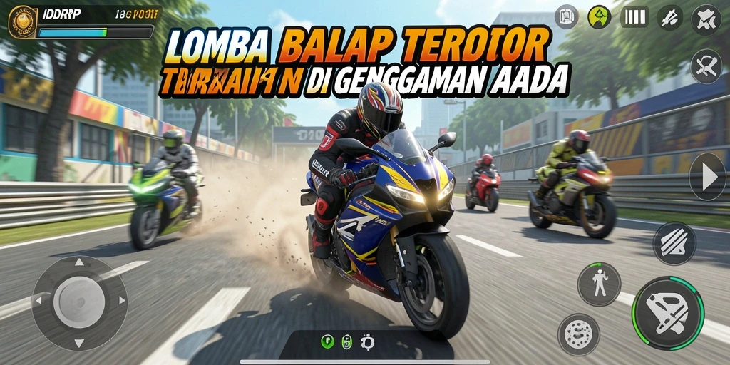 Tampilan gameplay seru di IDRRP dengan motor balap menakjubkan.