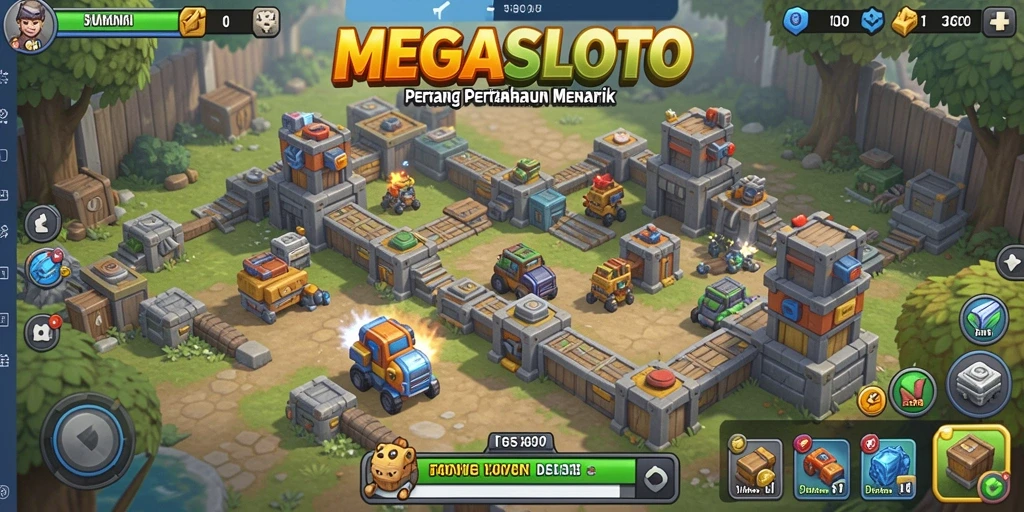 Screenshot gameplay MEGASLOTO yang menunjukkan aksi Tower Defense intens.