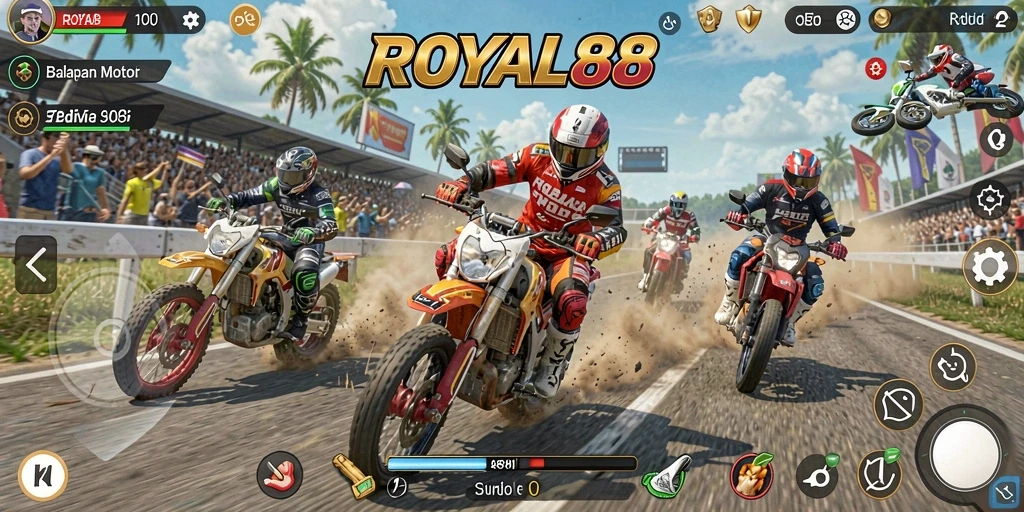 Tangkapan layar gameplay ROYAL88 menunjukkan momen balapan yang mendebarkan.