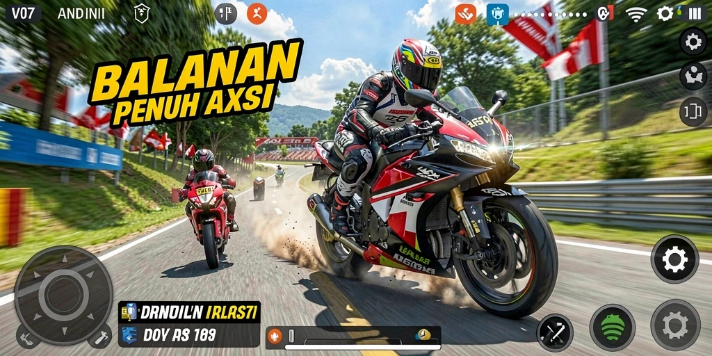 Tampilan gameplay V07 yang mendebarkan dalam balapan motor.